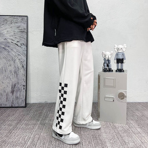 棋盘格裤子秋季休闲裤纯色卫裤男士运动裤抽绳束脚裤直筒阔腿裤图片