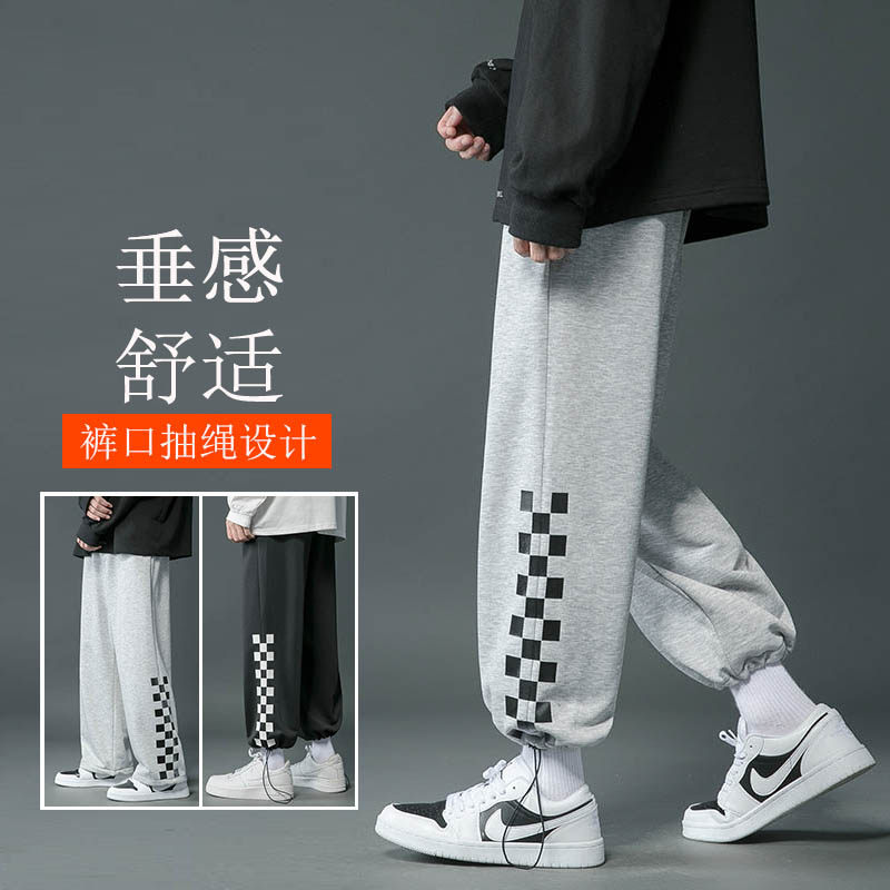 港风裤子灰底秋季新款运动裤宽松阔腿裤直筒抽绳束脚裤大码卫裤男图片