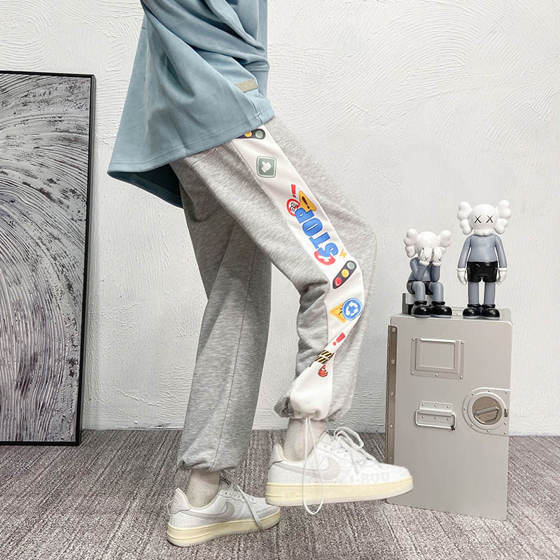 春夏新款拼接条纹裤织带印花休闲裤男士长裤运动裤直筒阔腿裤卫裤,男装休闲裤,星座712-1