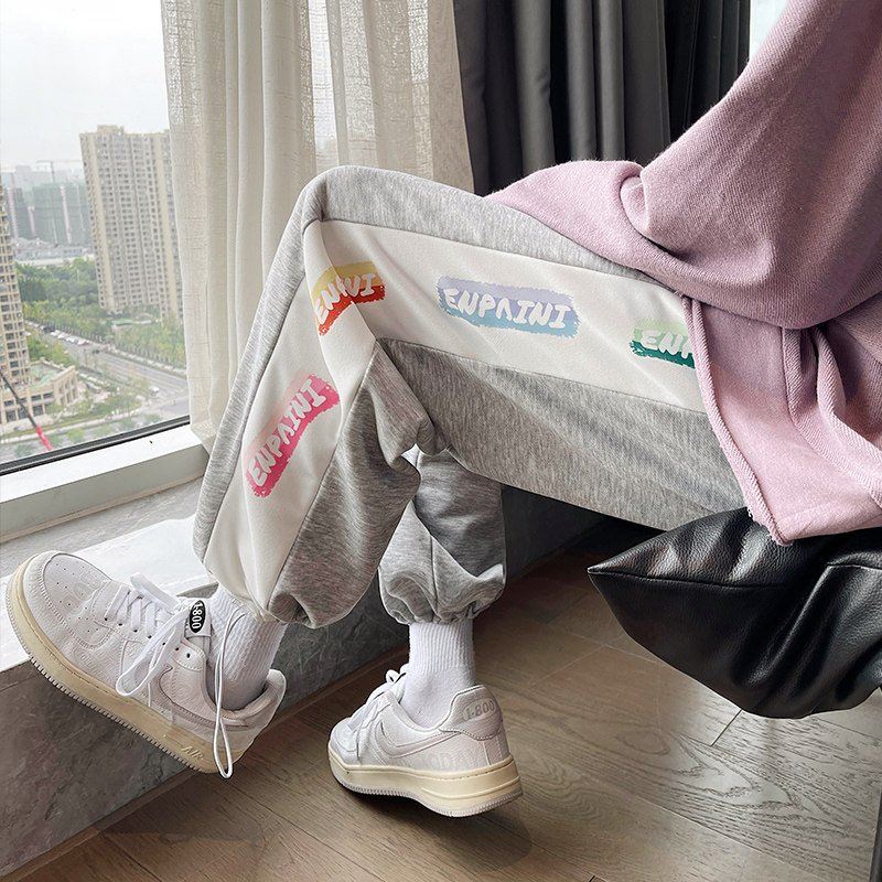 港风休闲裤宽松阔腿裤加厚拼接印花卫裤直筒拖地裤束脚运动裤K24图片