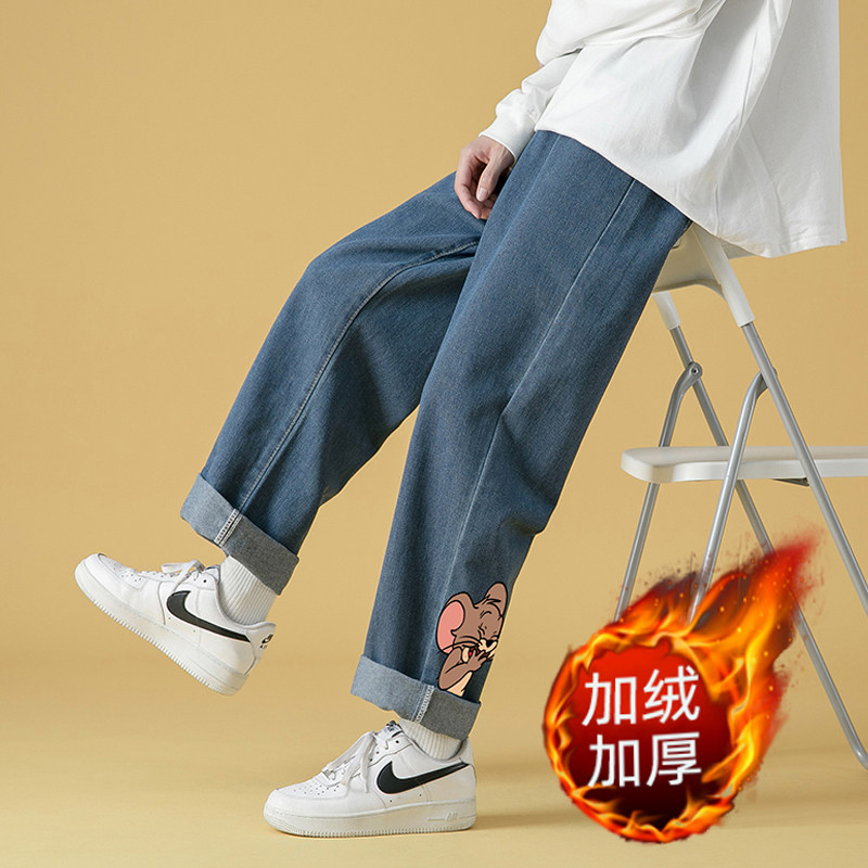 男士牛仔裤冬天加绒加厚保暖长裤男女中性港风阔腿裤坠感拖地裤图片