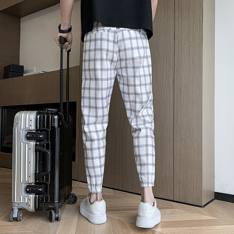 社会小伙裤子网红束脚裤美发师休闲格子裤夏季九分裤A15P48控68,男装休闲裤,星座712-1