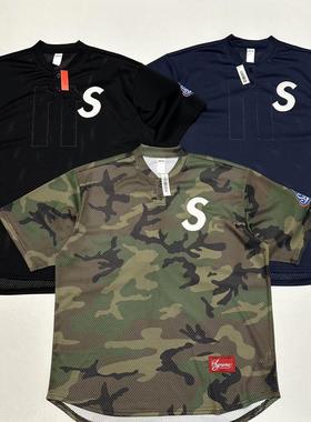 天花板！25fw S Logo Baseball刺绣logo亨利领网网眼棒球衫短袖