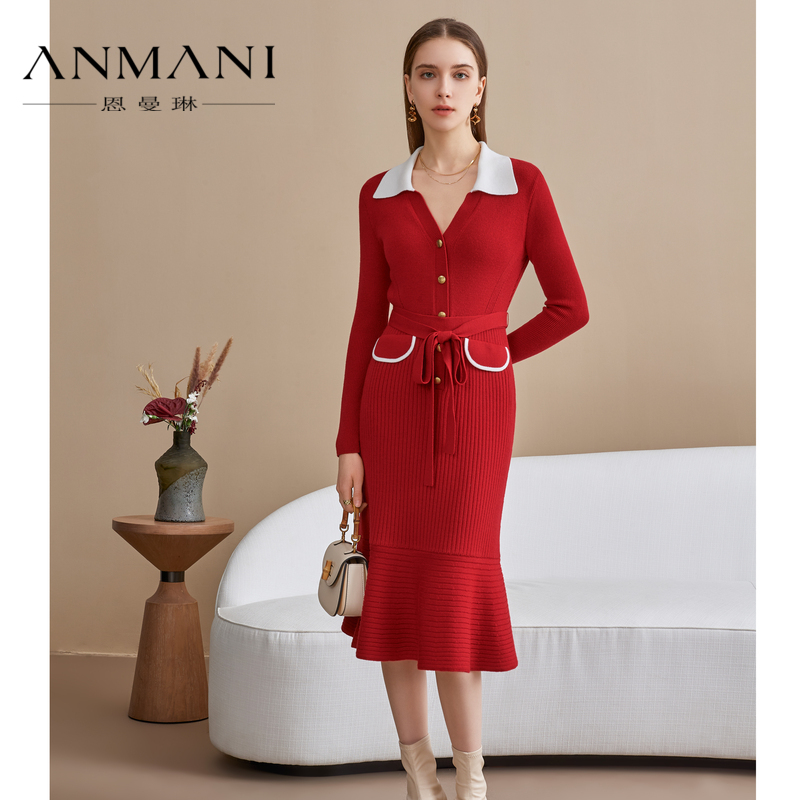 羊毛针织鱼尾连衣裙送本布腰带