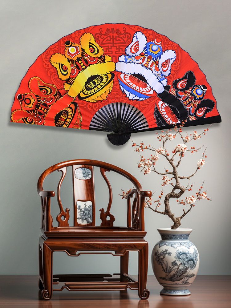 초대형 교수형 팬 국가 추세 북경 오페라 사자 각성 팬 새해 사자춤 개막 축하 무대 장식 배경 벽걸이 접이식 팬