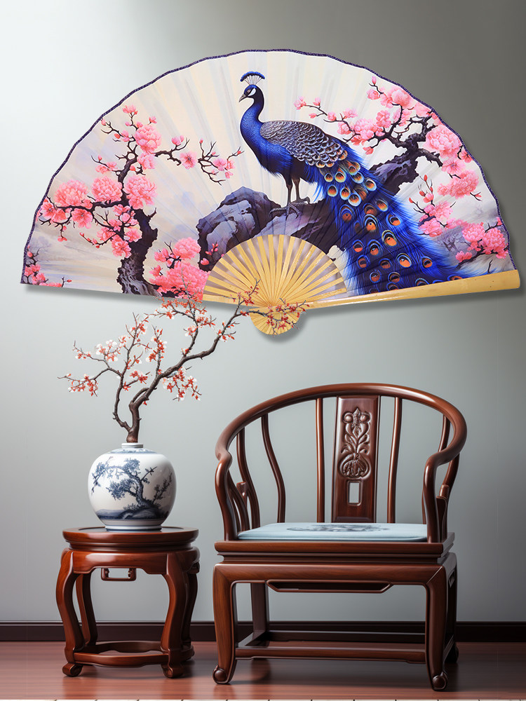 초대형 매달린 부채 고대 중국 상서로운 짐승 학 봉황 공작 잉어 국가 동향 장식 접는 부채 배경 벽걸이 부채