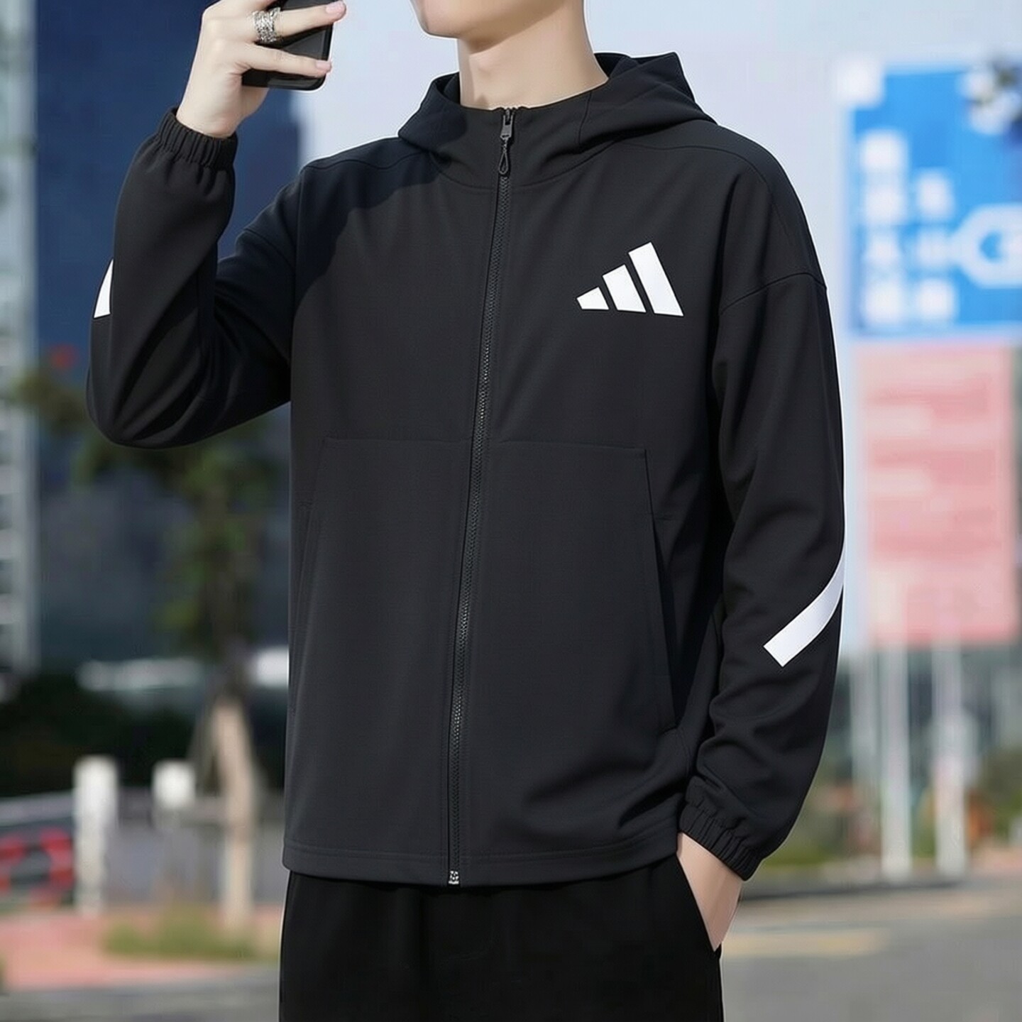 阿迪达斯外套男装正品休闲连帽跑步运动服夹克宽松针织上衣外套