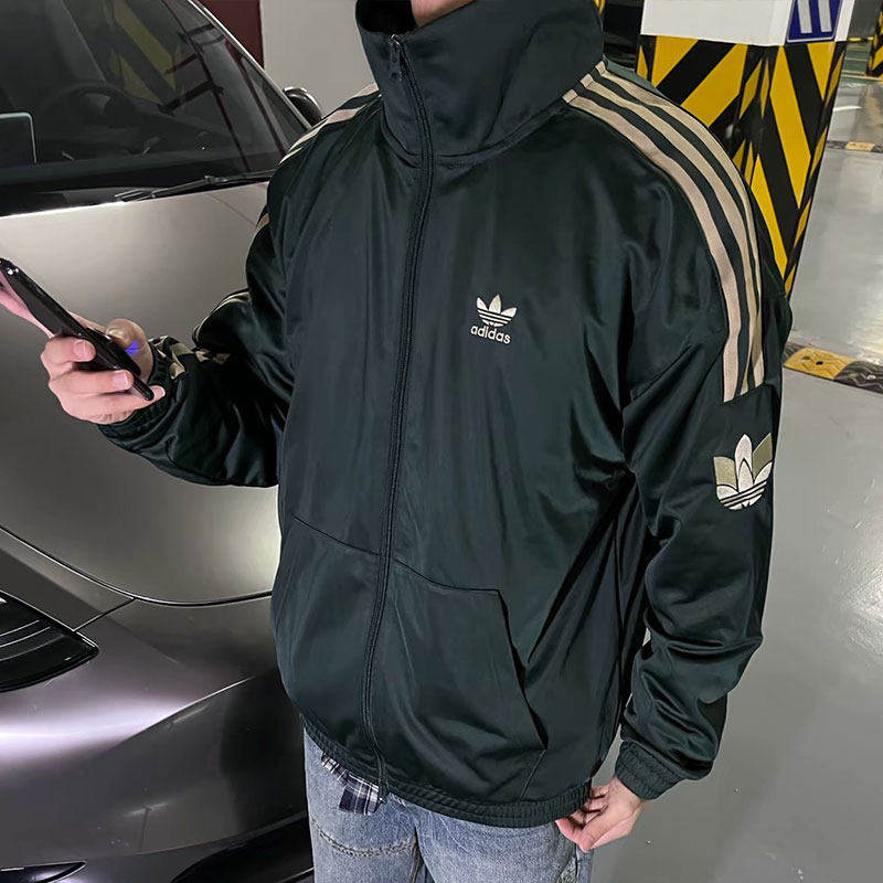 Adidas三叶草外套男秋季正品复古绿色美式棒球服立领夹克JL8400