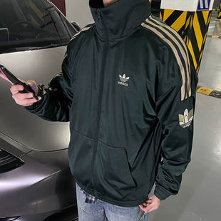 Adidas三叶草外套男秋季新款复古绿色美式棒球服立领夹克JL8400