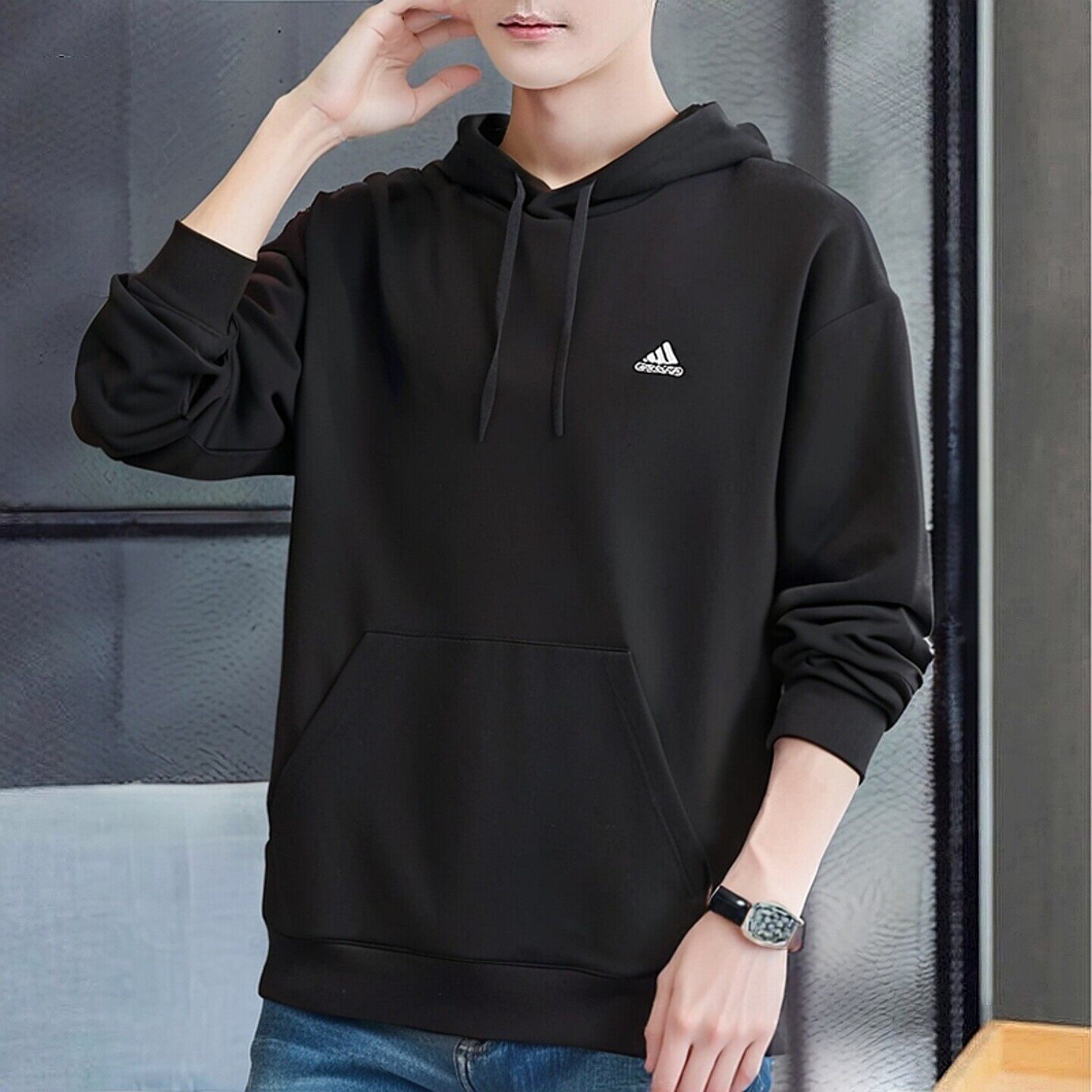 阿迪达斯春秋新款连帽卫衣男重磅运动服纯色简约青少年休闲套头衫