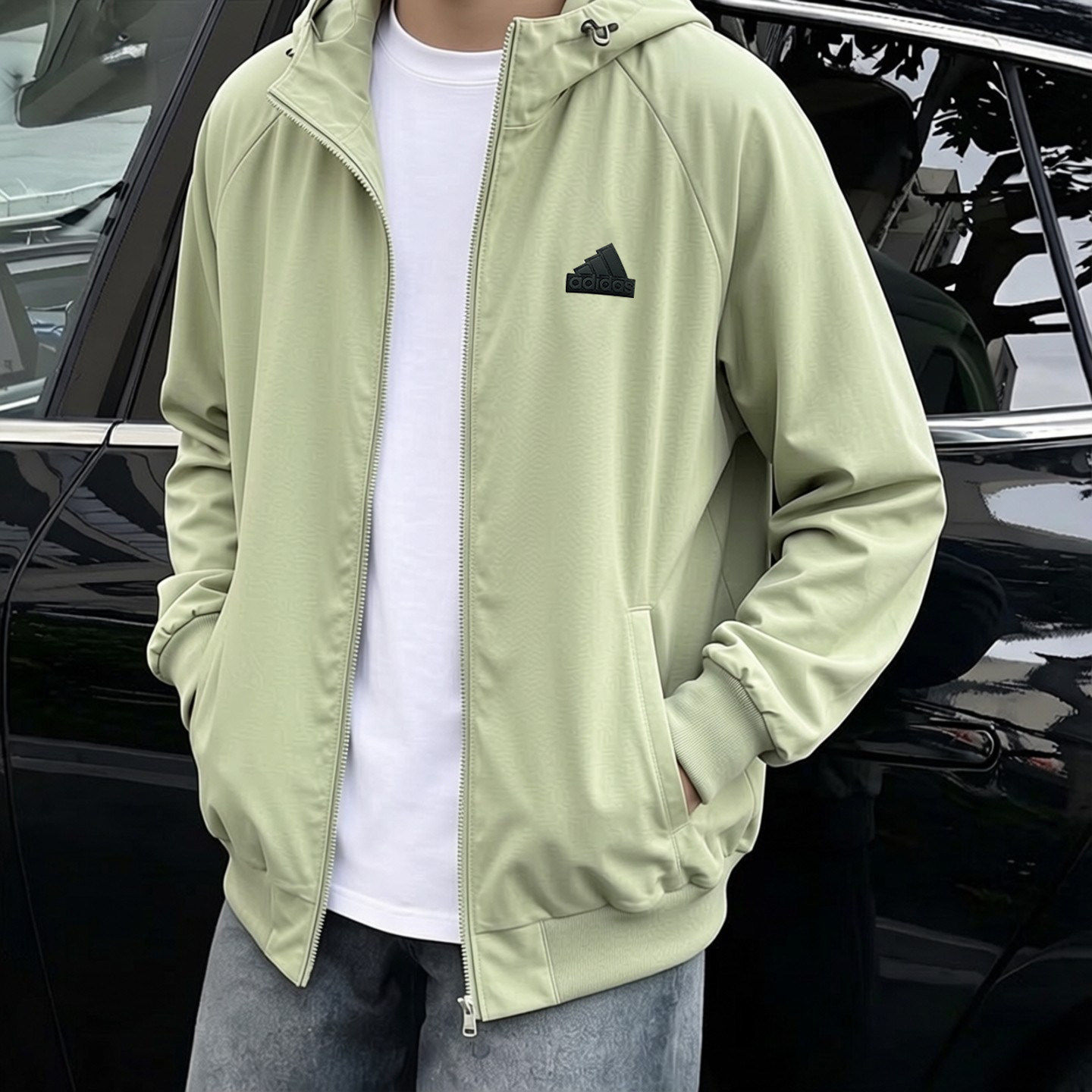 阿迪达斯绿色外套男春季新款针织连帽衫宽松运动服上衣美式夹克