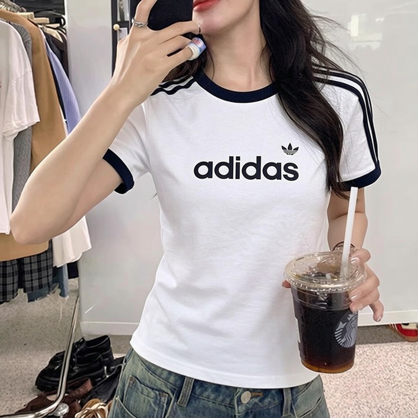 adidas三叶草白色短袖女t恤夏透气正品美式校园运动韩版显瘦上衣