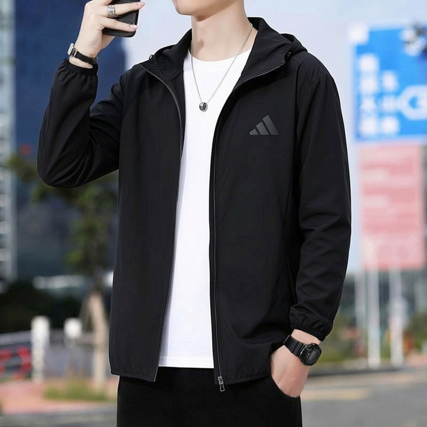 Adidas防风衣男外套夏季正品透气梭织薄款连帽宽松运动男士夹克