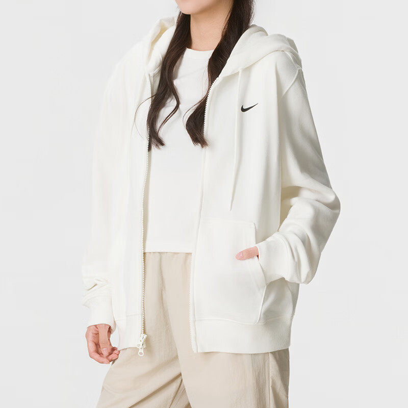 Nike耐克2026年新款连帽开衫女宽松休闲运动外套拉链卫衣白色