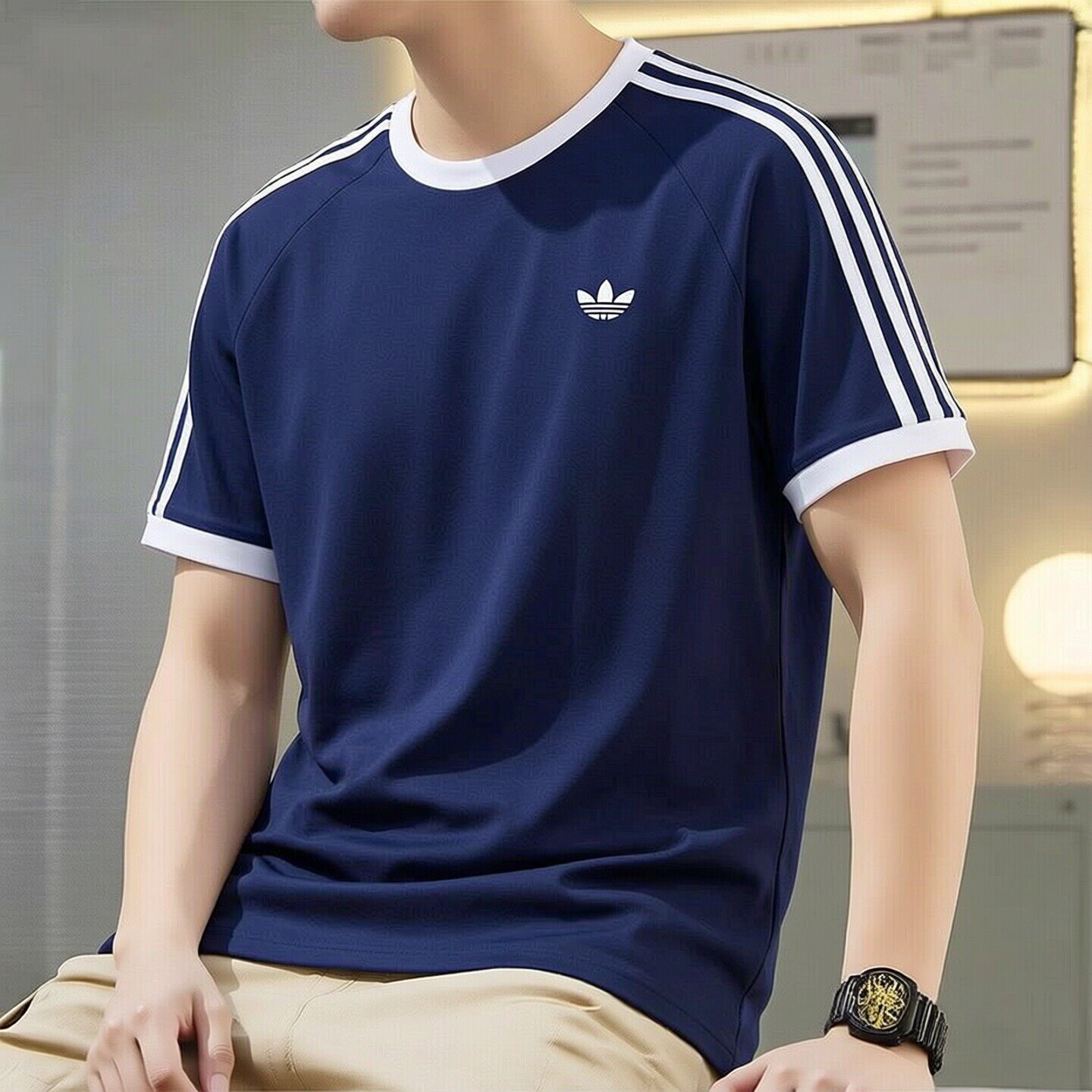 Adidas三叶草短袖男装夏季正品透气美式条纹蓝色休闲上衣T恤