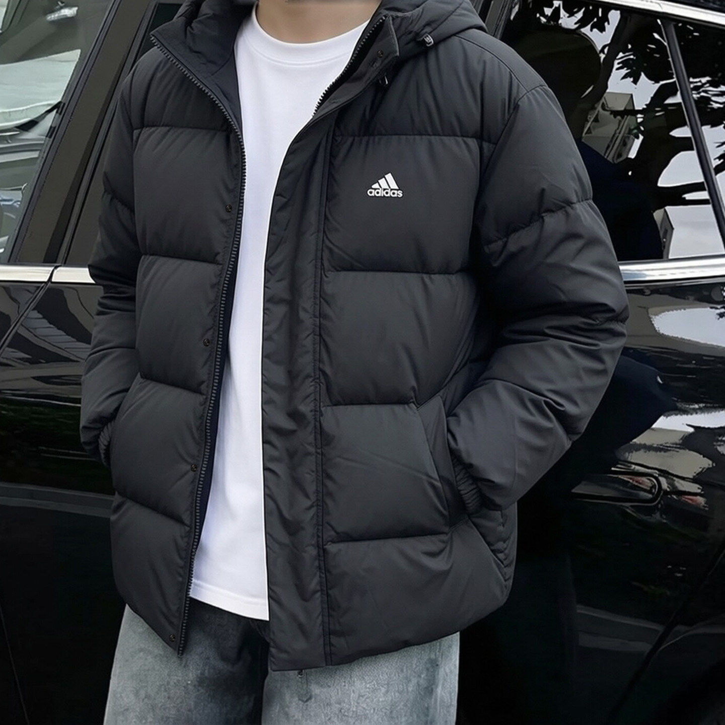 adidas阿迪达斯黑色羽绒服男冬季户外连帽加厚轻便鸭绒防风面包服