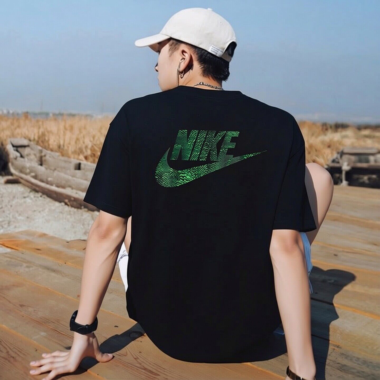 Nike耐克黑色纯棉短袖印