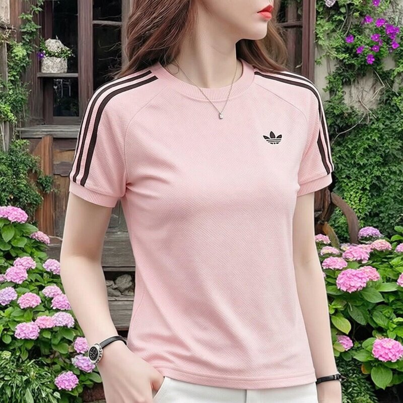 阿迪达斯三叶草粉色短袖夏季正肩短袖T恤女修身短款显瘦上衣女