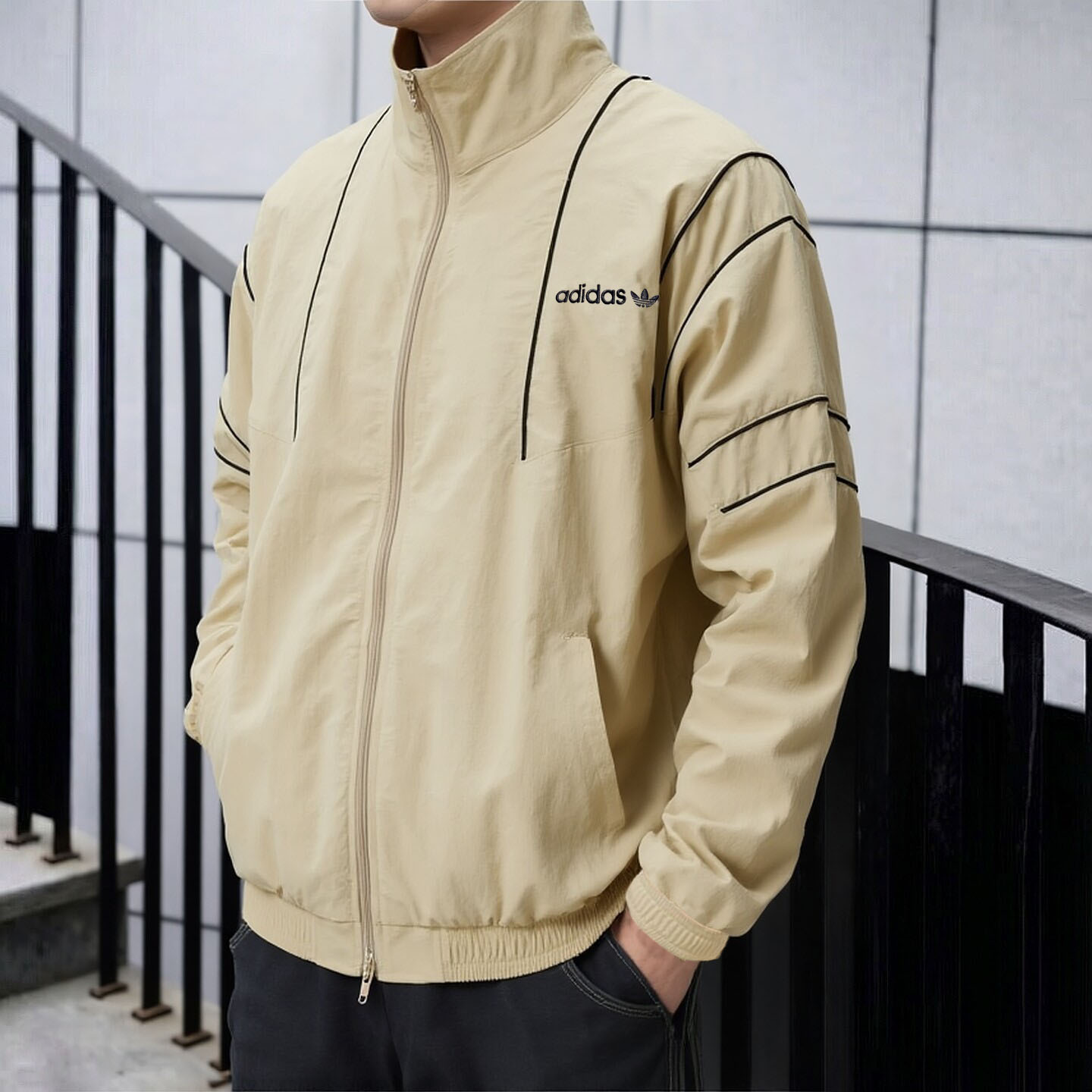 阿迪达斯三叶草棒球服男外套秋季正品卡其色立领复古美式篮球夹克
