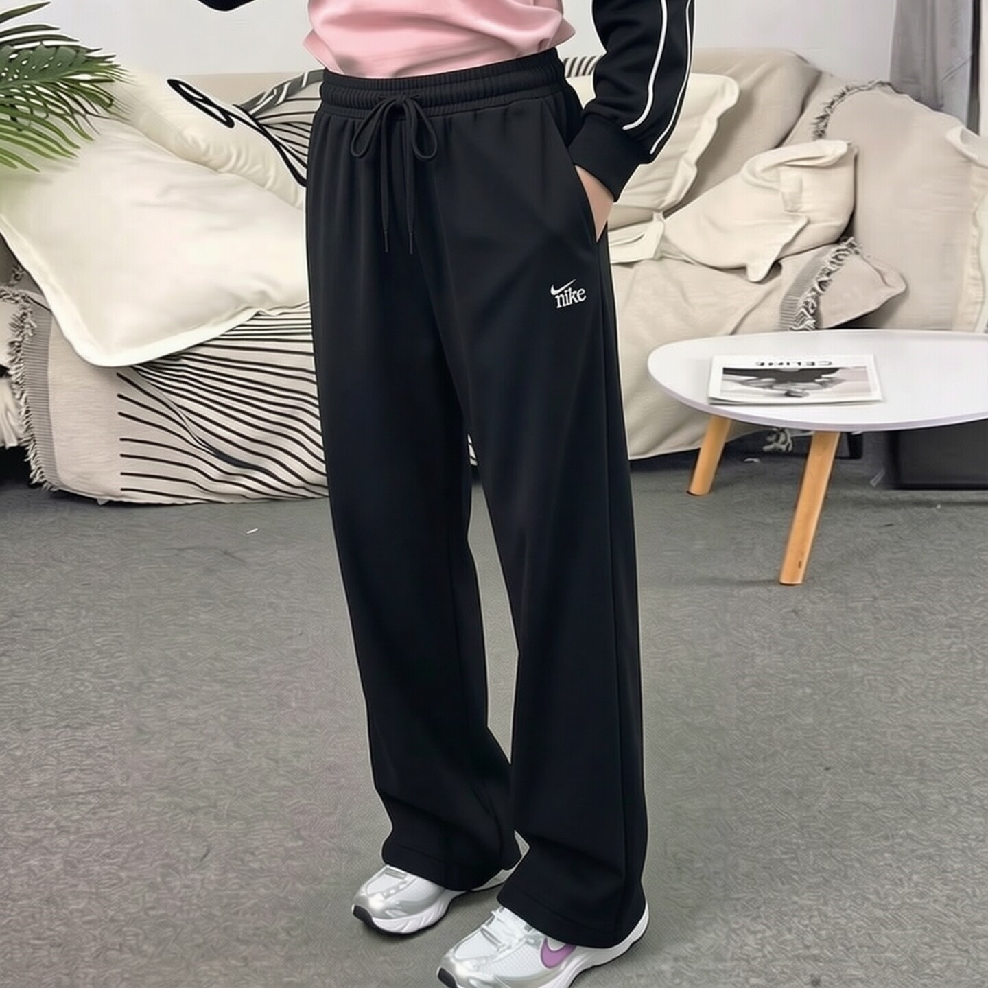 Nike耐克2026年新款长裤女子宽松直筒裤黑色针织运动裤潮流休闲裤
