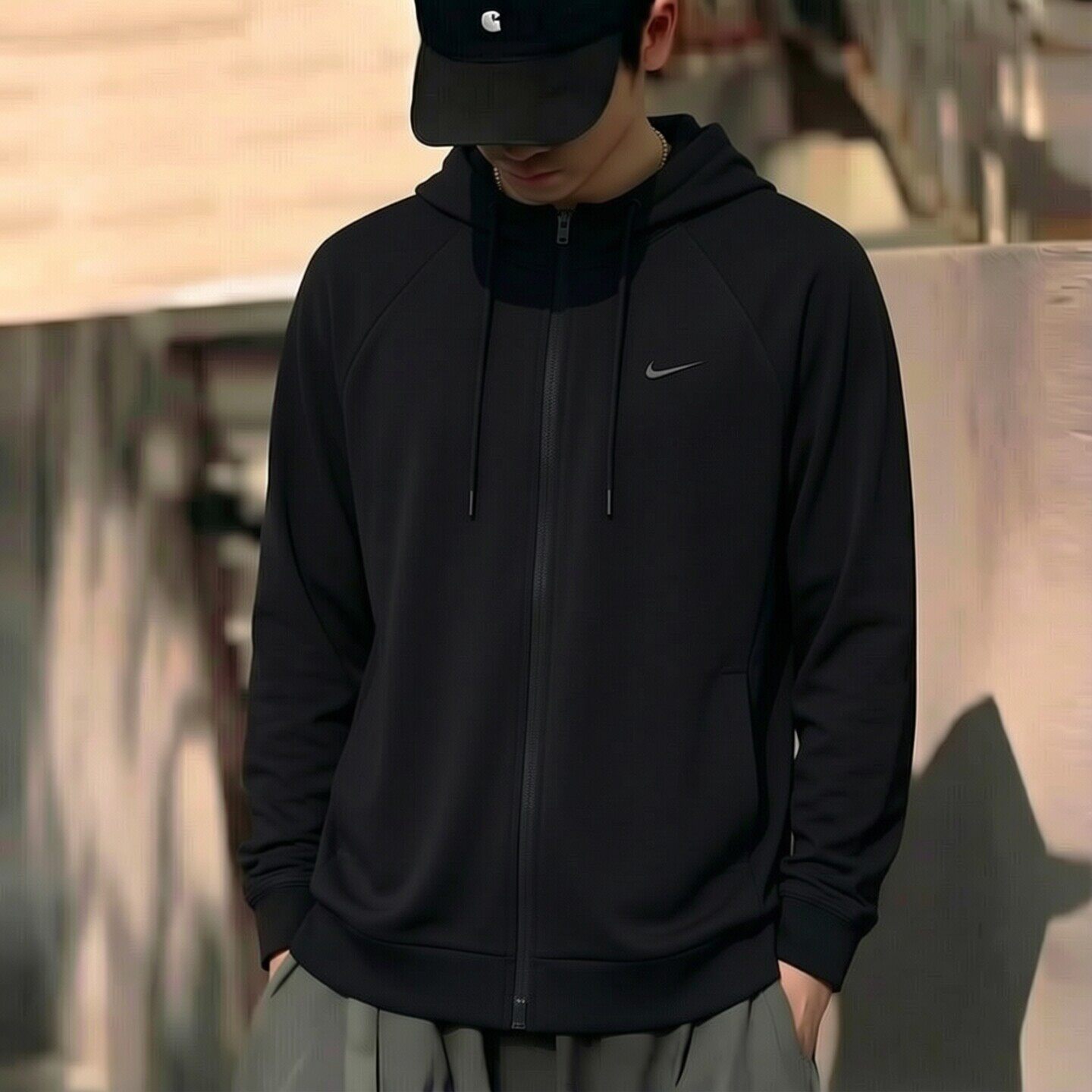 Nike耐克黑色针织外套速干防晒夹克新款男子运动上衣简约连帽卫衣