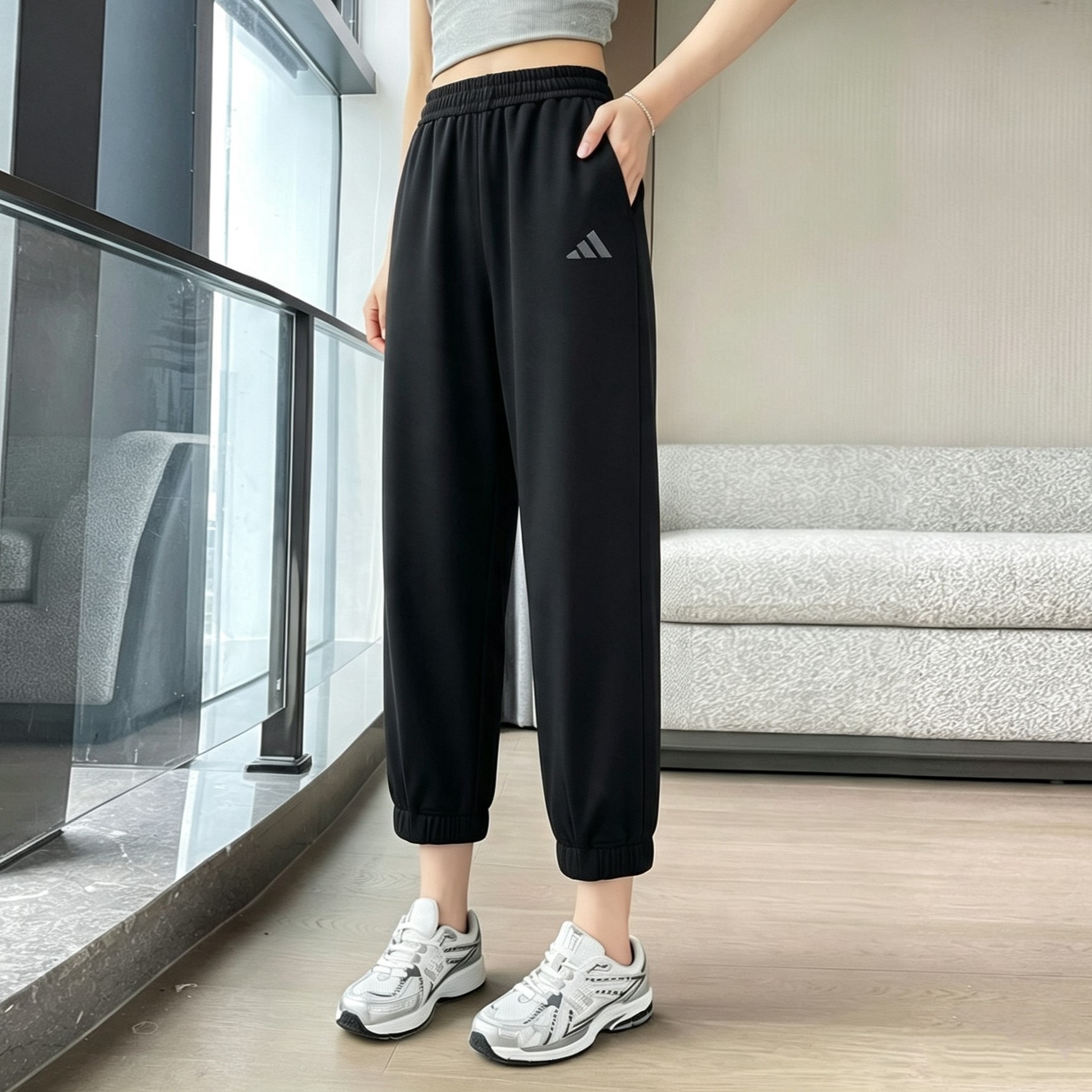 阿迪达斯针织女裤正品宽松收口运动裤美式哈伦裤休闲束脚九分裤