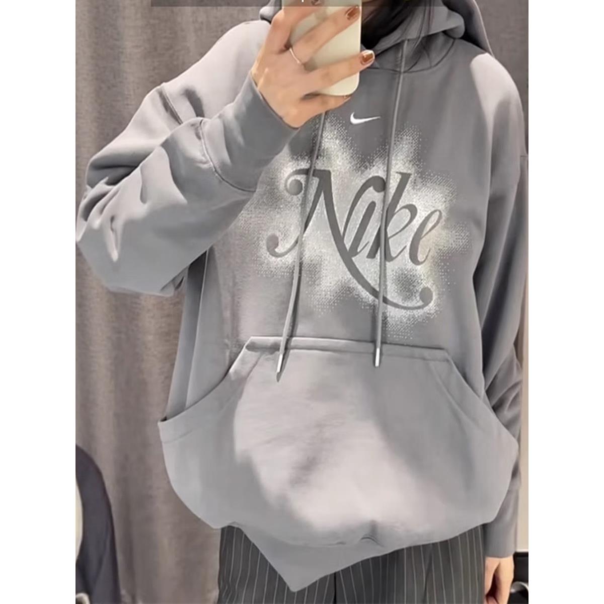 Nike耐克冬季正品薄绒卫衣女子连帽套头衫厚款运动服针织正品外套