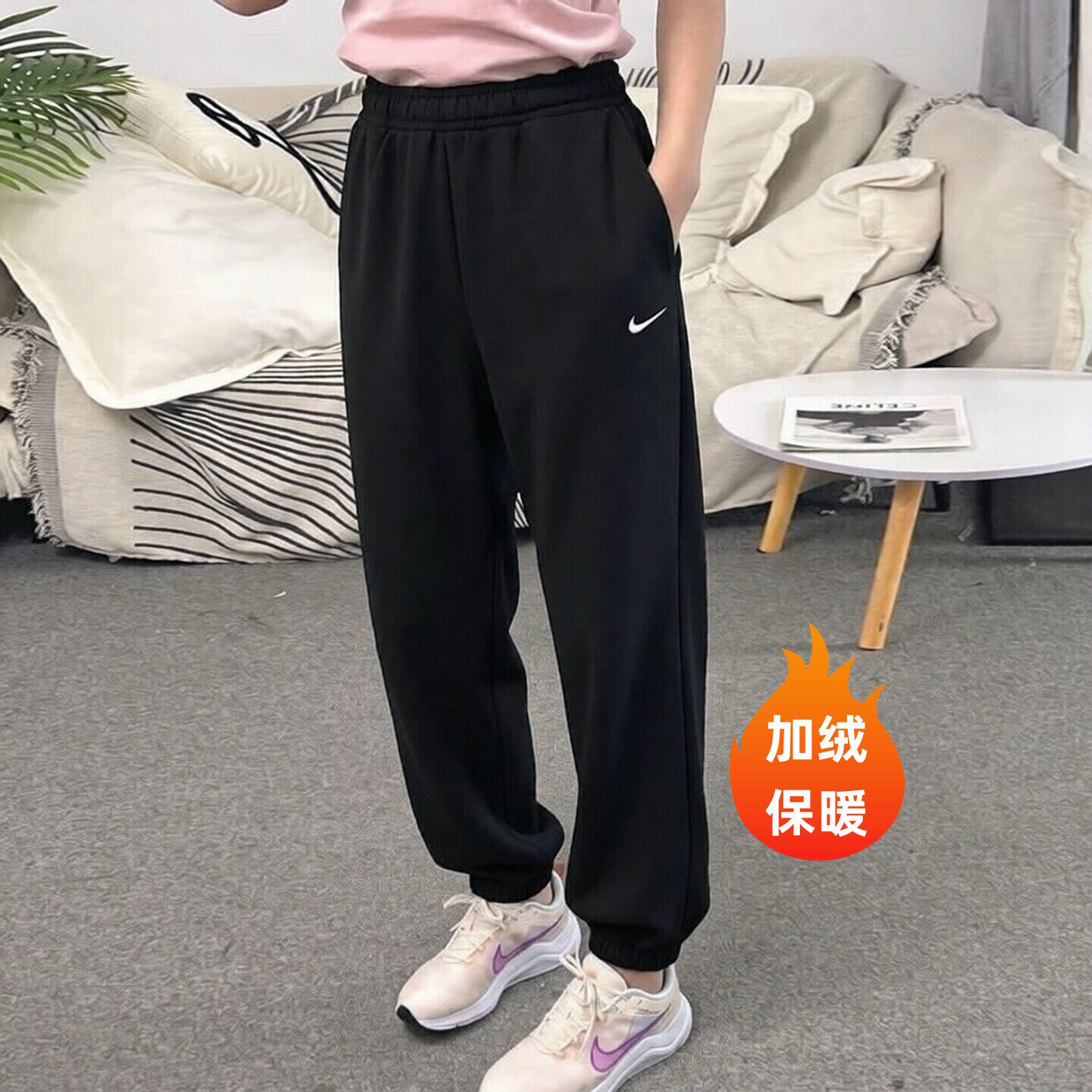 Nike耐克加绒束脚女裤冬季新款保暖运动裤针织棉质长裤休闲款卫裤