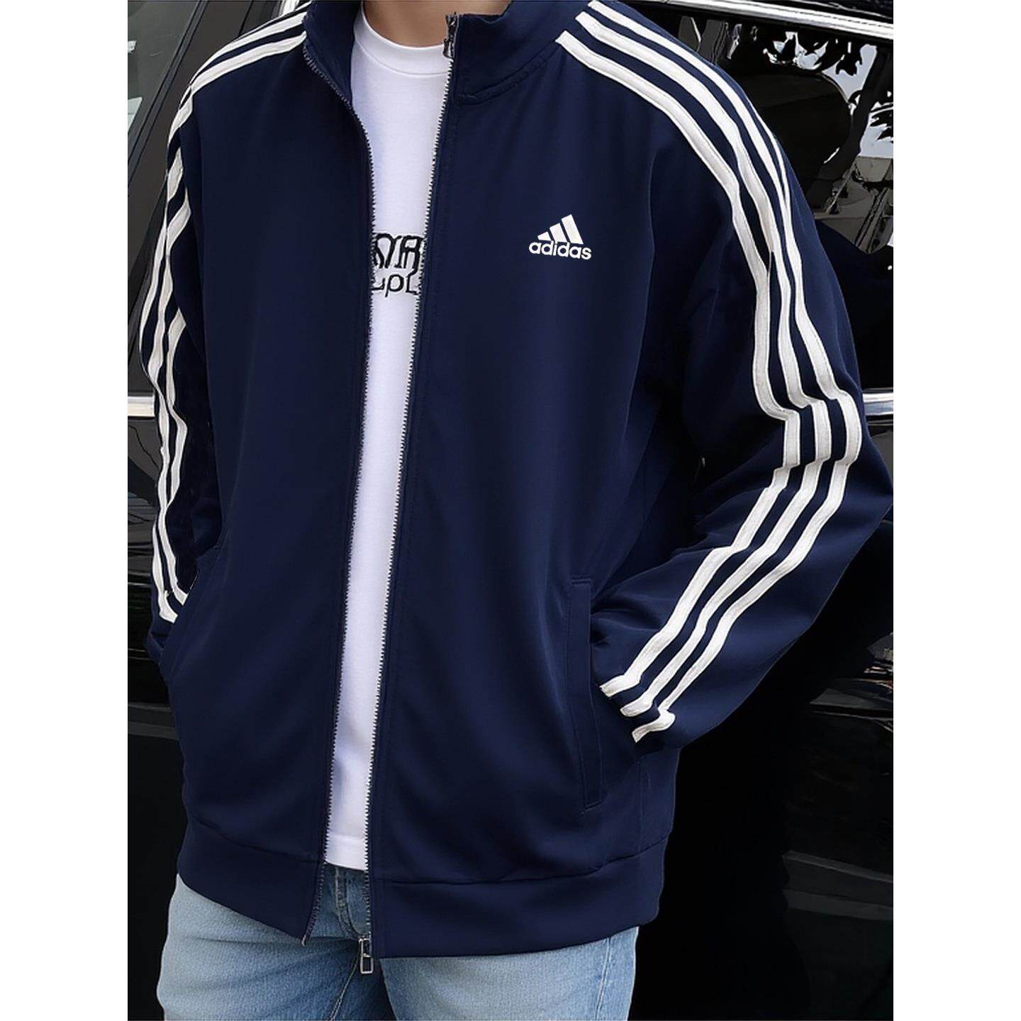 阿迪达斯外套男春季正品蓝色梭织运动服三条杠宽松休闲防风夹克