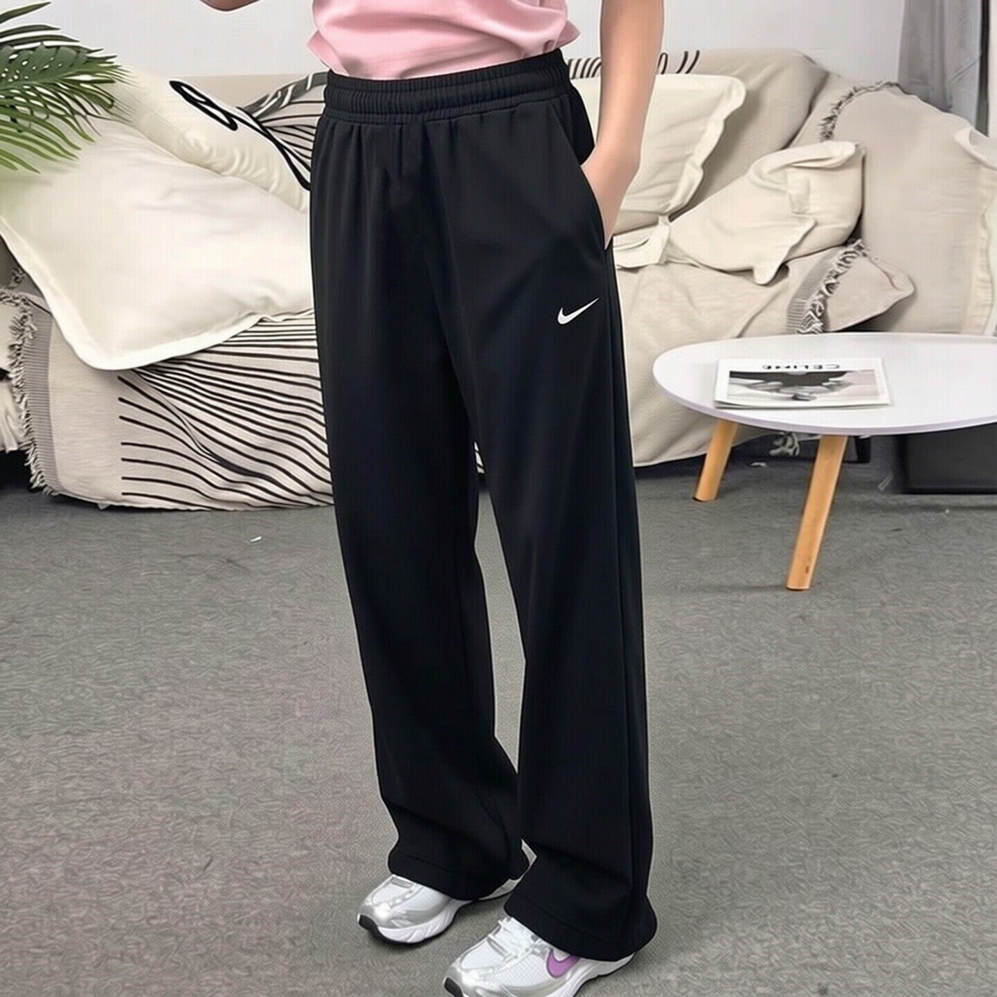 Nike耐克裤子女子宽松直筒裤新款刺绣小标运动裤针织棉质透气长裤