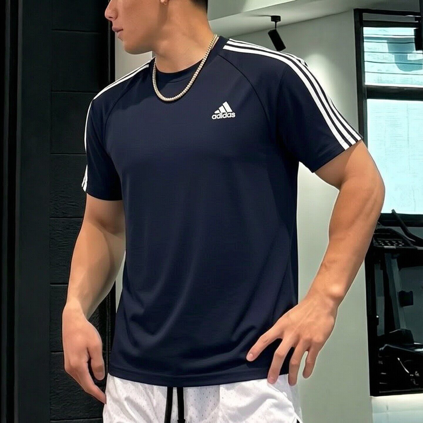 adidas短袖男T恤透气速干冰丝男薄款三条纹夏季正品运动健身半袖