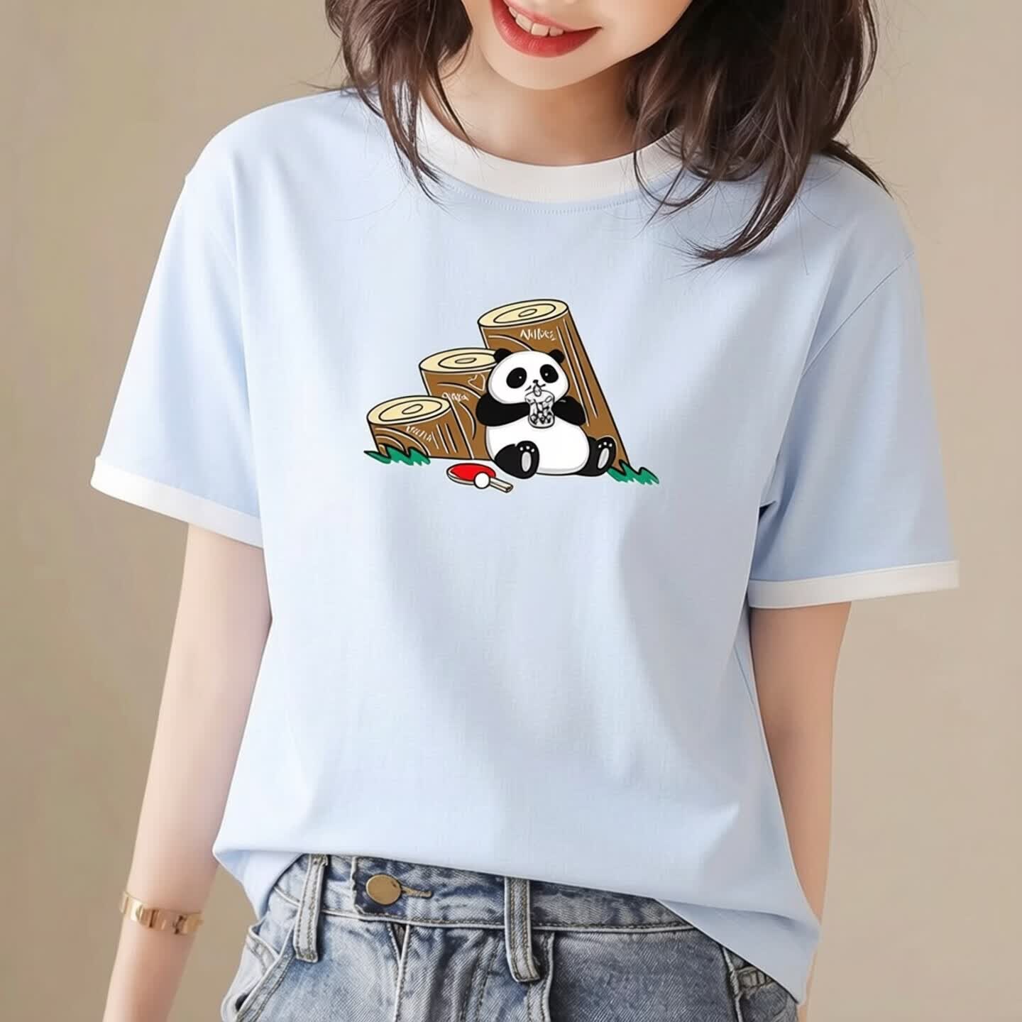 阿迪达斯女装夏季正品熊猫印花撞色舒适棉质圆领休闲运动短袖T恤