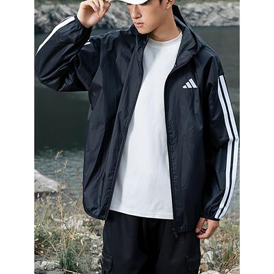 阿迪达斯防风衣男春季新款复古三条杠宽松篮球梭织连帽夹克IM7848