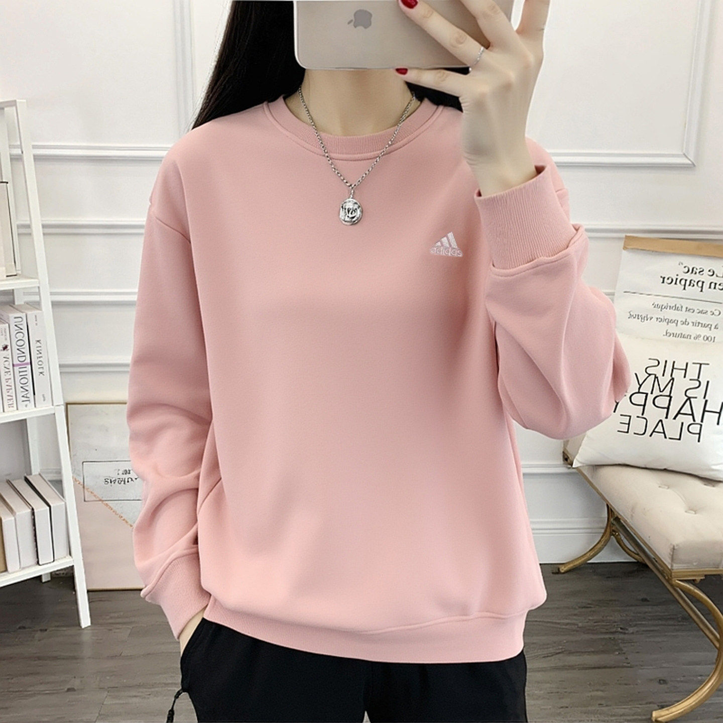阿迪达斯纯色卫衣女正品宽松粉色大码运动服复古棉上衣长袖打底衫