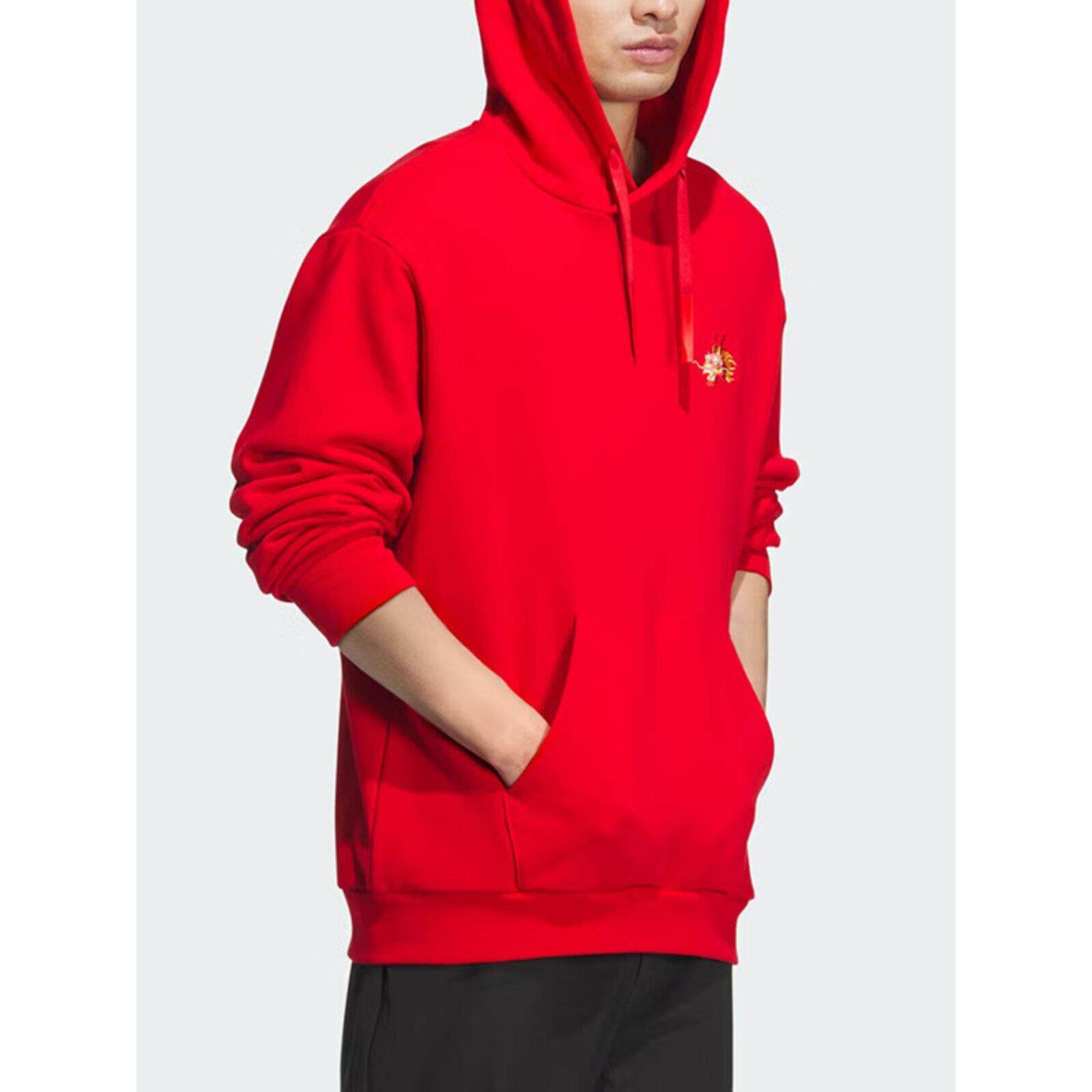 阿迪达斯男装运动服正品龙年新年款本命年红色连帽卫衣套头衫外套