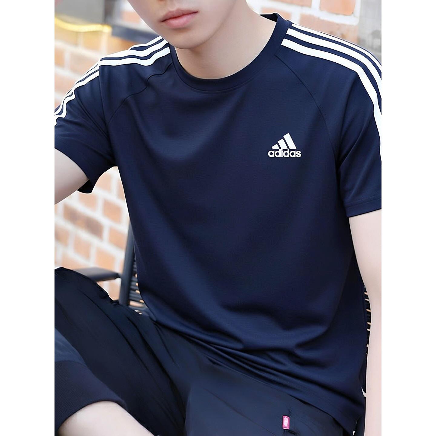 adidas/阿迪达斯短袖男t恤蓝色速干三条纹运动服篮球冰丝夏季半袖