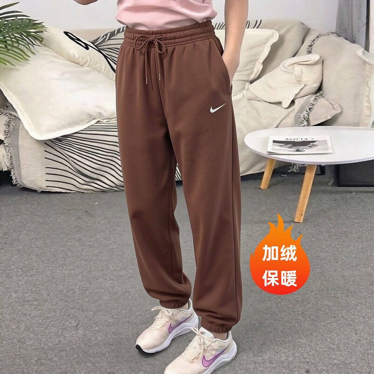 Nike耐克潮流棕色加绒卫裤2026年新款运动裤女子保暖束脚裤棉长裤