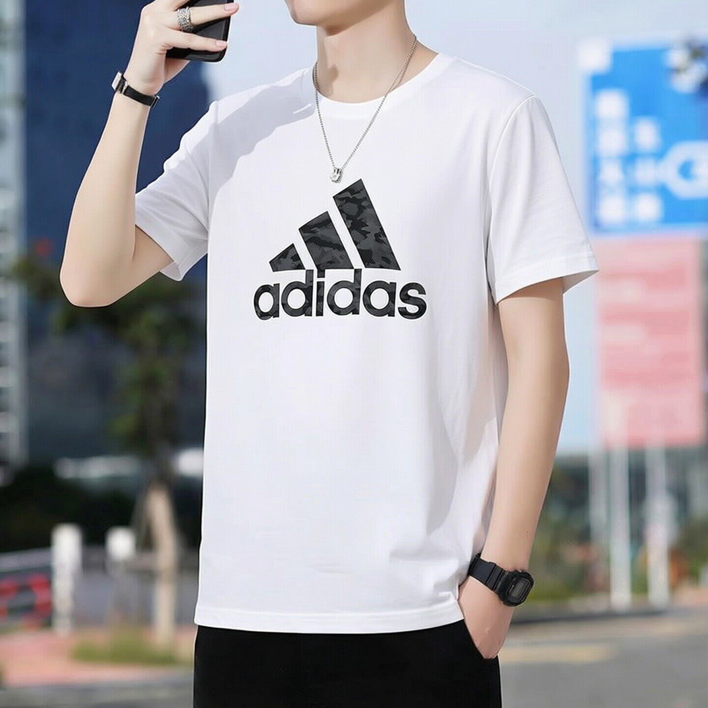 阿迪达斯纯色短袖男t恤夏