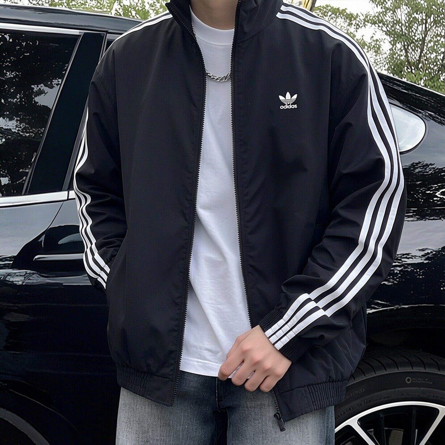 adidas三叶草防风衣男外套秋季美式运动黑色复古宽松棒球服KB2466