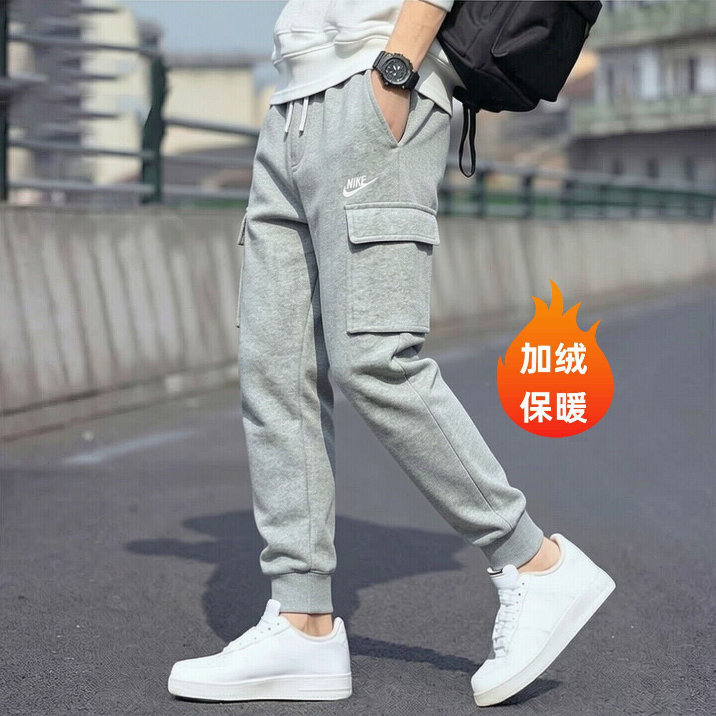 Nike耐克裤子加绒工装长裤针织束脚卫裤男子修身运动裤新款休闲裤