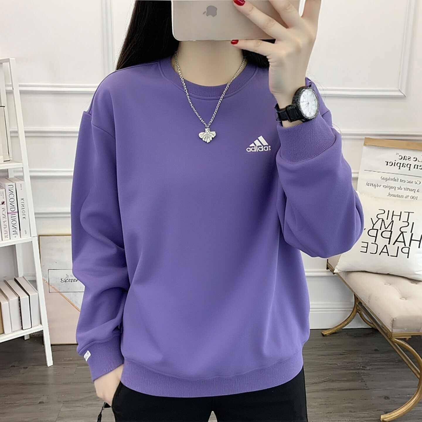 阿迪达斯紫色卫衣女冬季正品纯色打底衫圆领上衣正品宽松运动服女