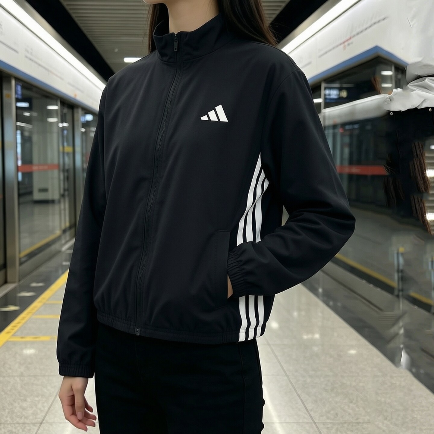 阿迪达斯梭织外套女秋季正品立领透气防风衣短款快干黑色棒球服女