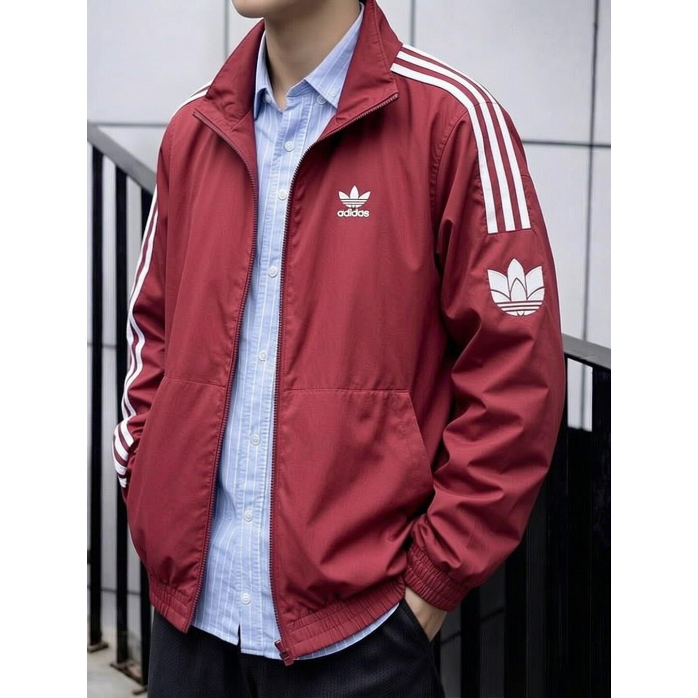 adidas三叶草梭织外套男秋季正品防风衣立领复古美式篮球棒球服男