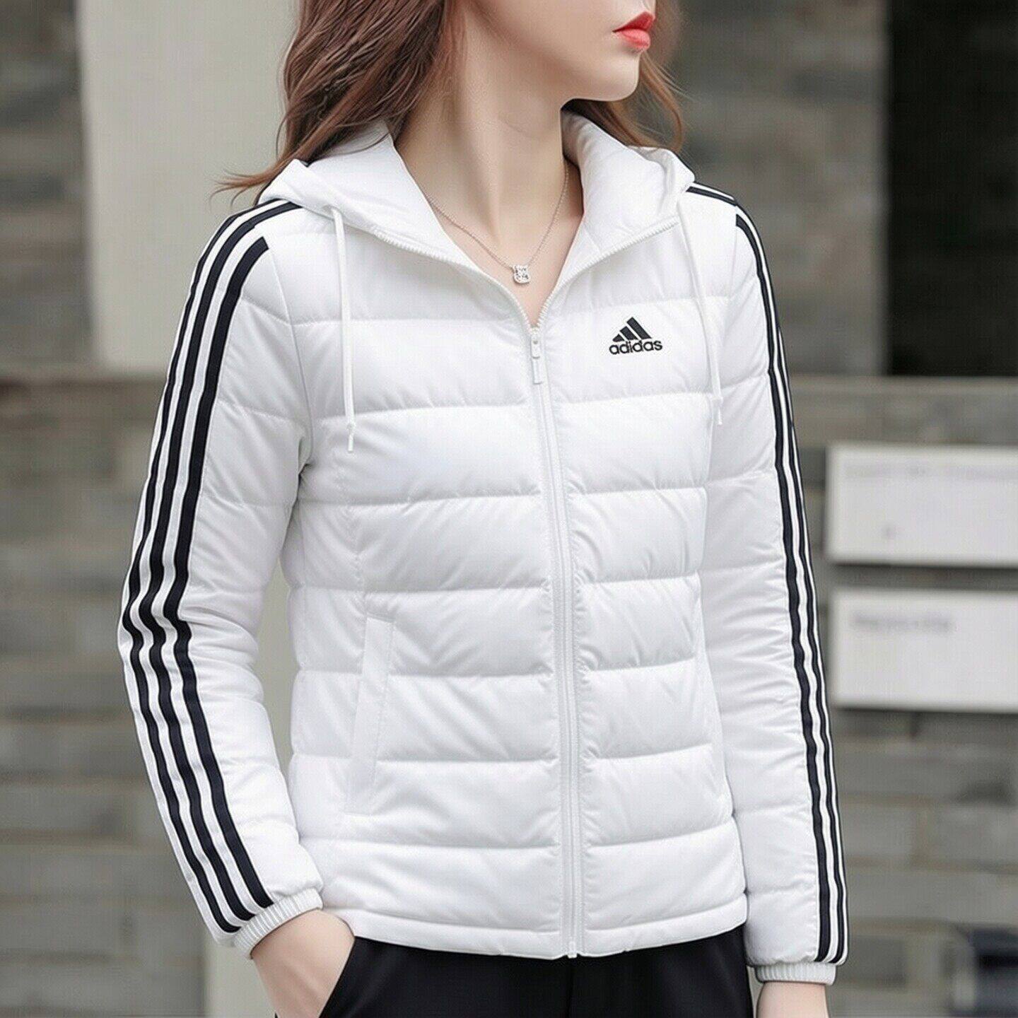 阿迪达斯白色羽绒服女装新款休闲运动服防风保暖连帽上衣夹克外套