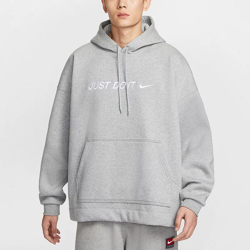 Nike耐克男士灰色连帽卫衣宽松落肩字母印花运动套头衫潮流时尚