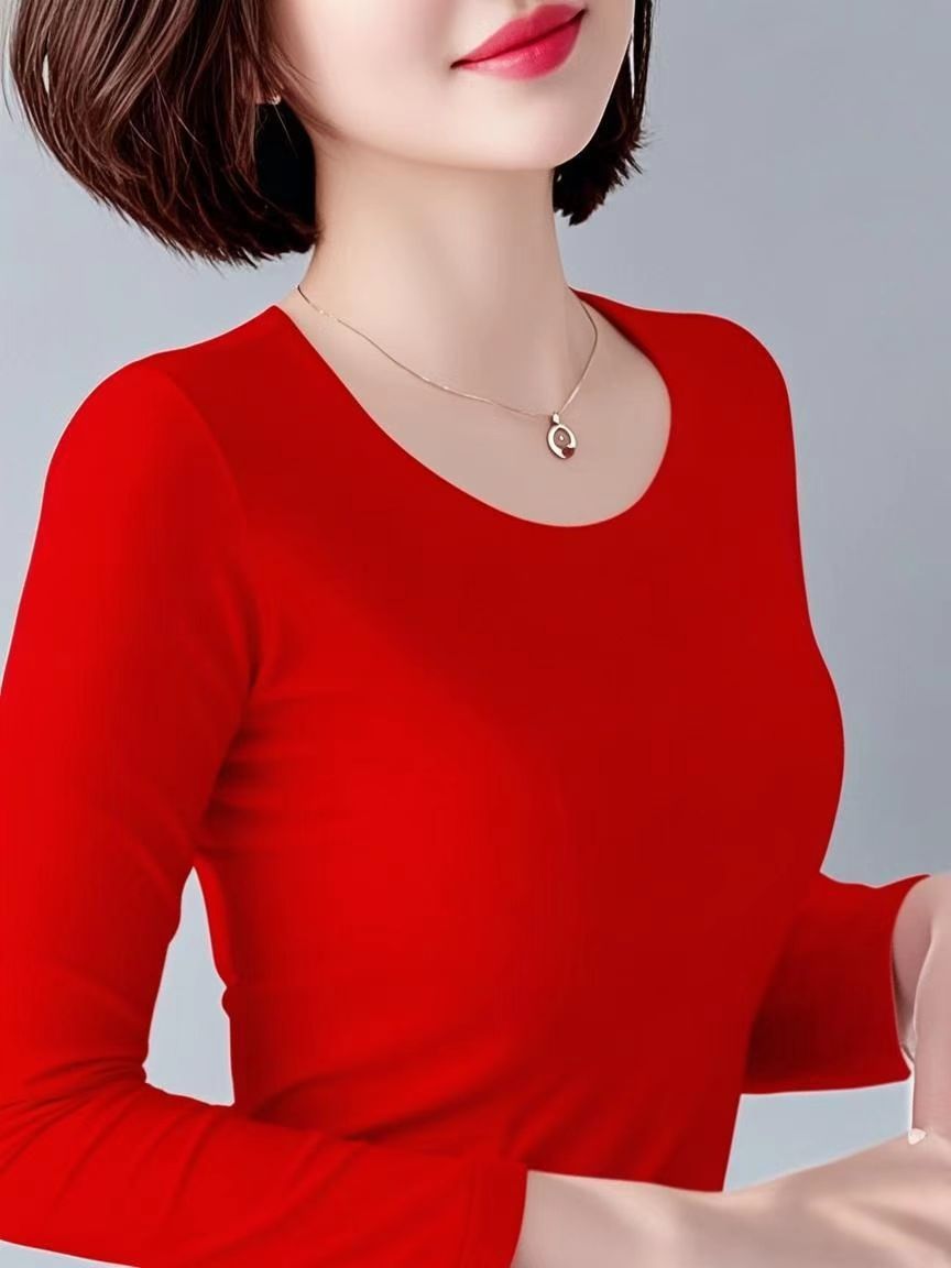 精品纯棉修身打底衫女长袖t恤圆领内搭秋衣百搭大红色上衣春秋装