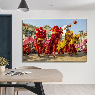 醒狮挂画新中式舞狮火锅店酒楼工作室装饰画国潮风景客厅餐厅壁画