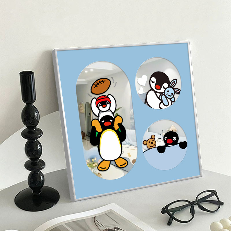 pingu镜子装饰画可爱卡通企鹅挂画儿童房卧室客厅趣味镜面摆画