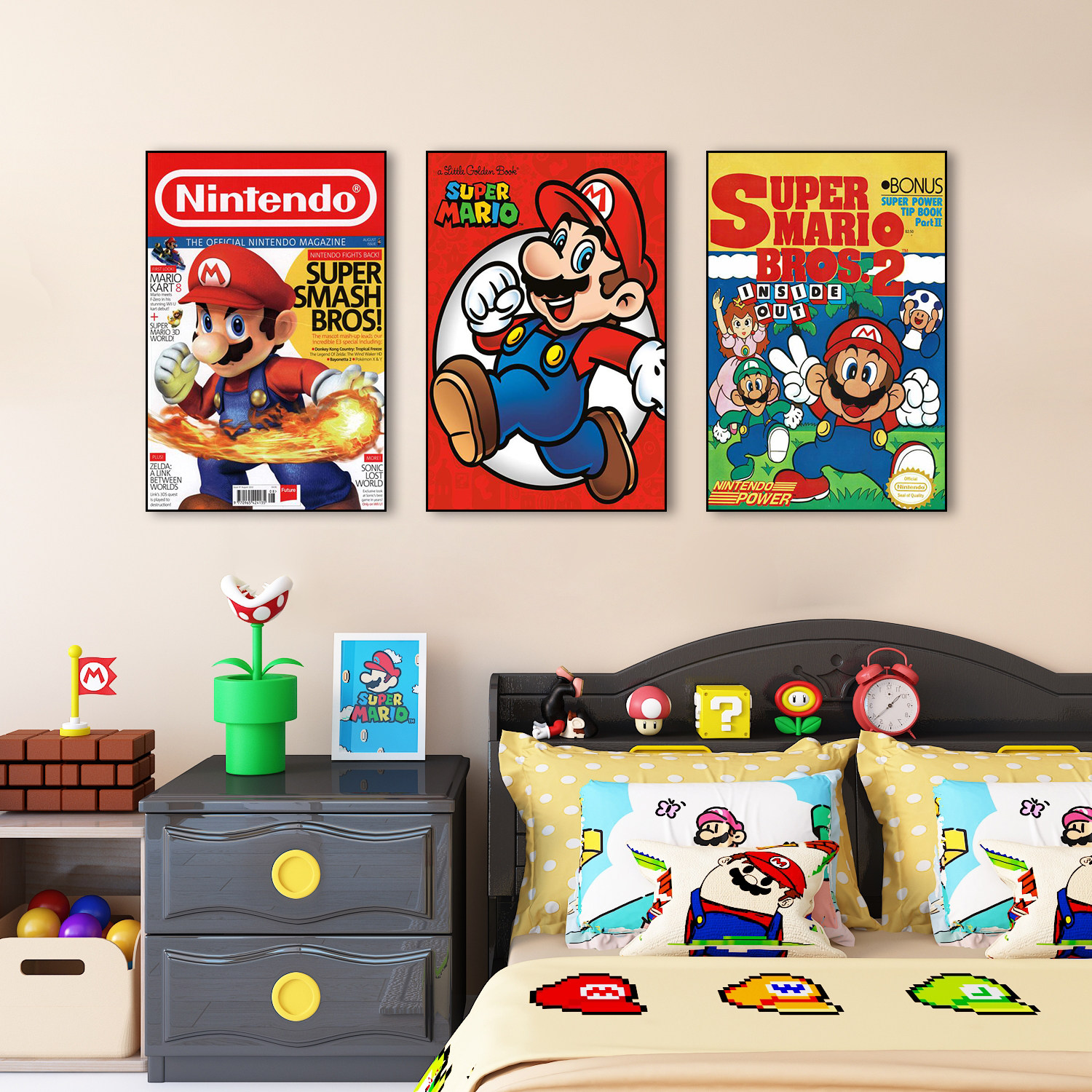 马里奥装饰画复古美式超级玛丽任天堂游戏挂画电竞房间儿童房壁画