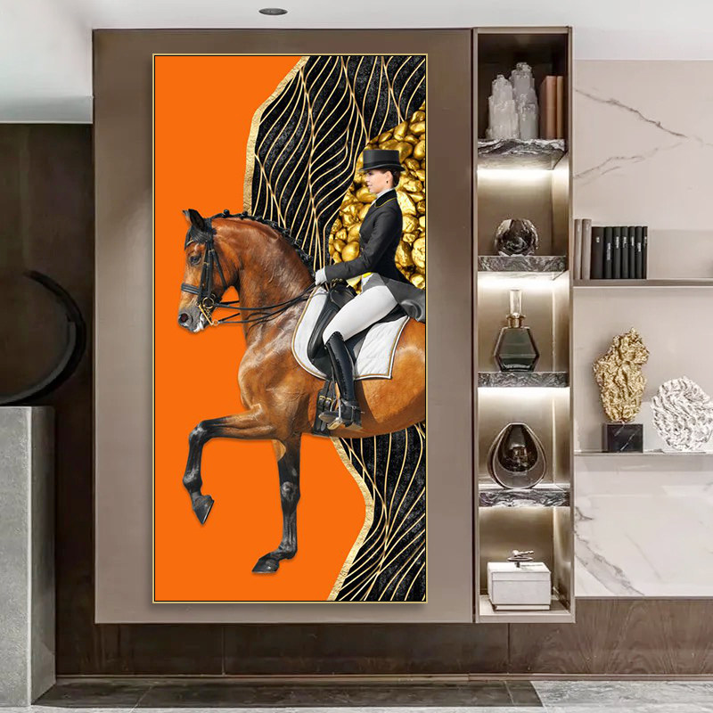 轻奢风女骑士骏马装饰画样板房别墅客厅玄关高级感壁画服装店挂画